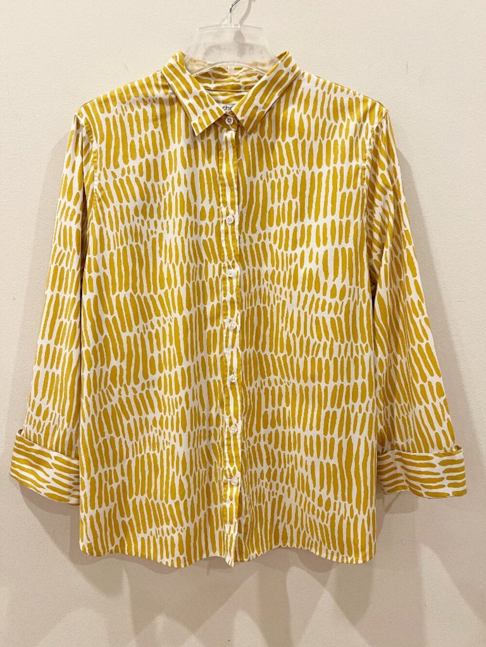 Chicos Top Womens 3 XL Mustard Button Up Shirt Cotton Stretch Artsy Mosaic Print